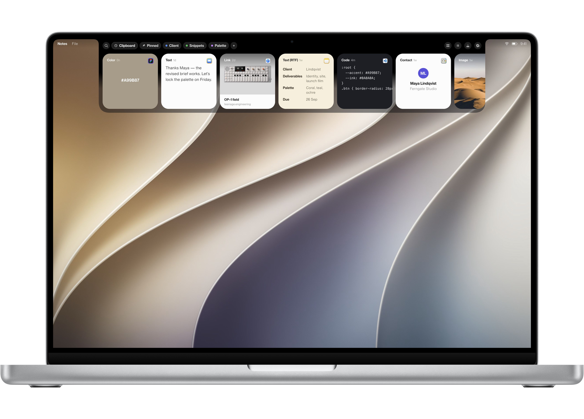 Just Copy’s tray open from the notch of a MacBook Pro, a color, a message, a link, a brief, code, a contact and a photo.